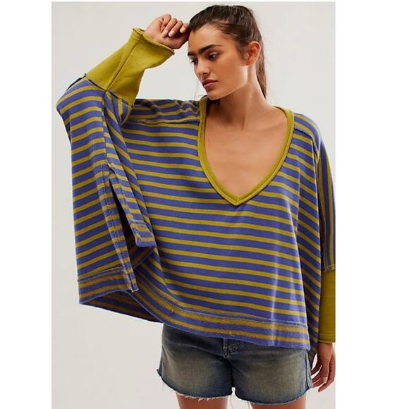 Free People Sweaters - Free people Main Squeeze Sweatshirt oversized stripe purple green boho top Sz M